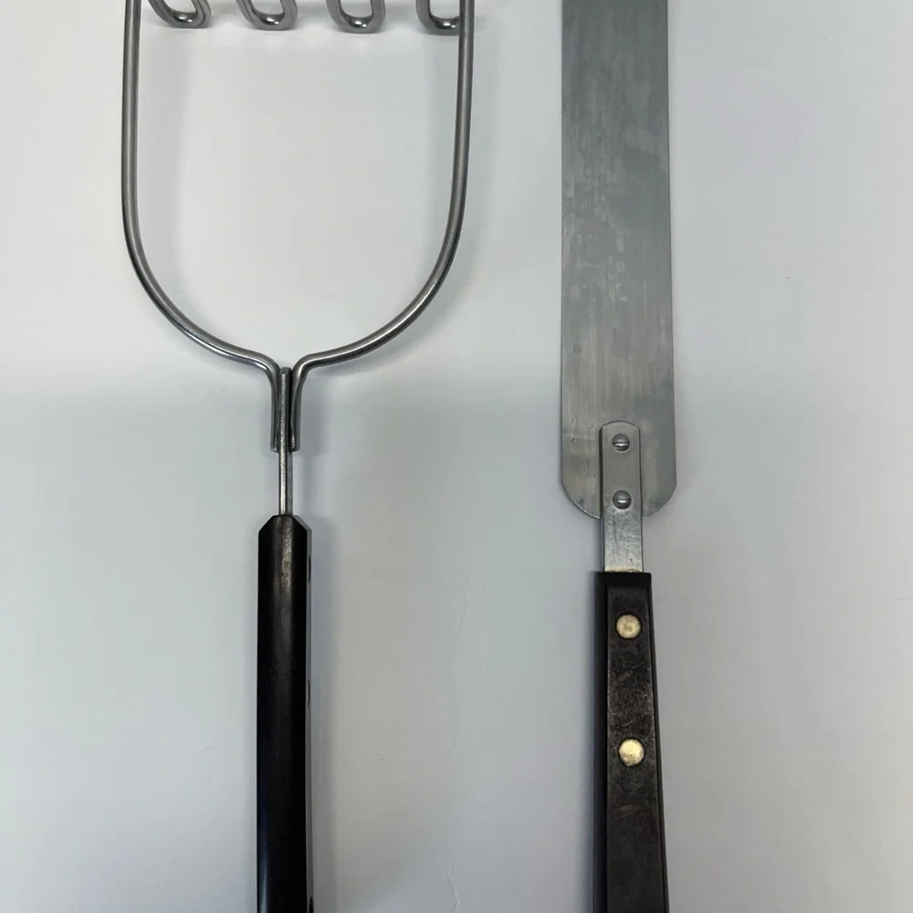 Vintage Ekco Potato & Spatula Stainless Steel Riveted Faux Wood Handle USA